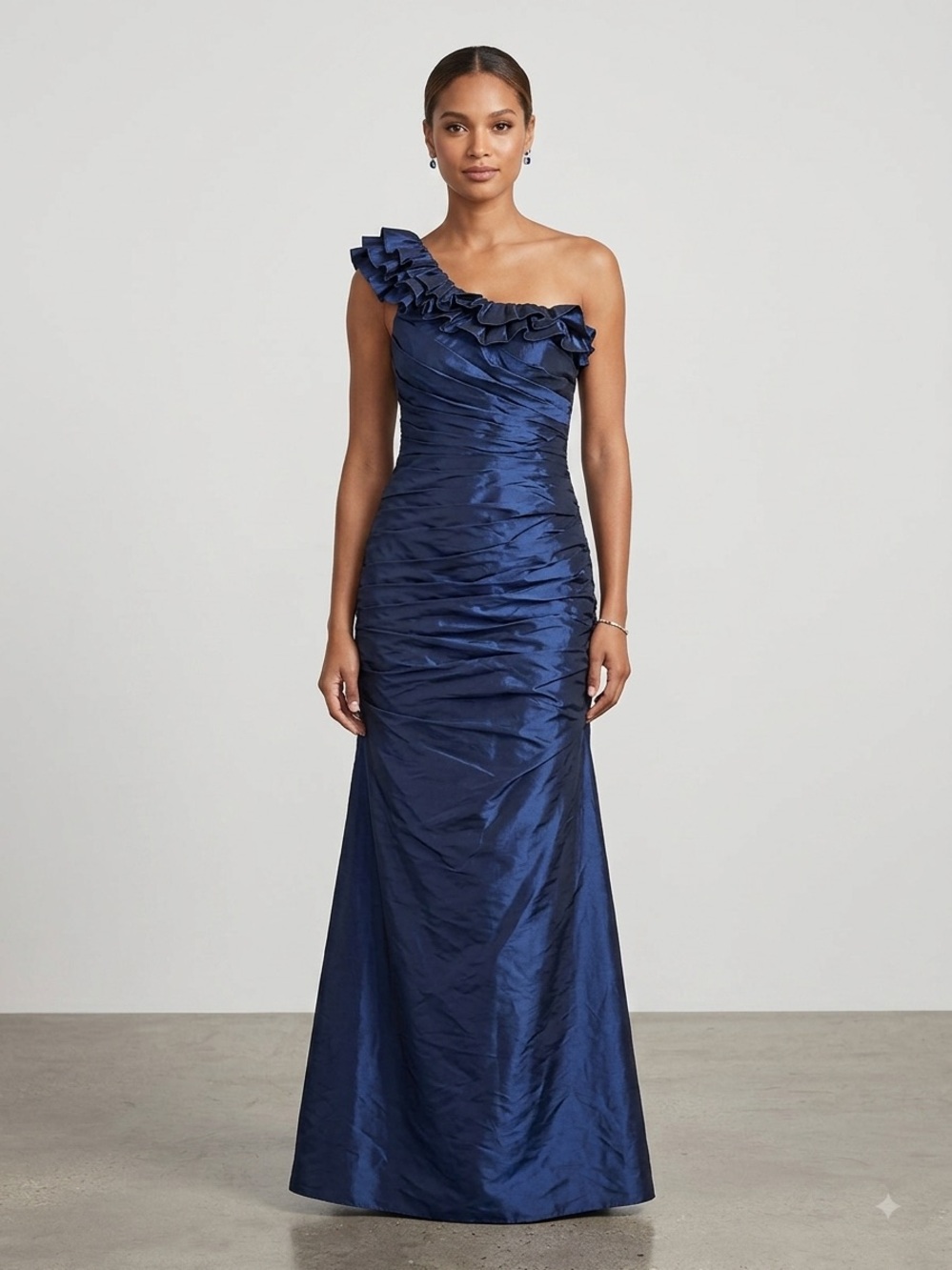 David’s Bridal Metallic Blue Ruched Gown